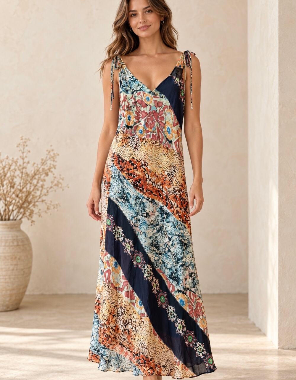 Lapis Silk Bias Cut Multi Pattern Floral Patchwork Silk Slip Dress Size Large